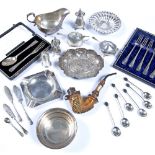 Collection of silver including a sauce boat, part condiment set by Northern Goldsmiths, silver dish,
