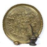 Engraved charger Qajar with hunting scene, together with a hookah base and a brass vessel the