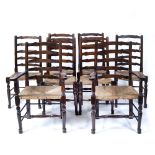 Set of eight oak ladder back chairs with rush seats (8)