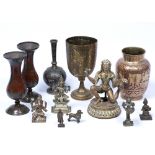 Quantity of Eastern metalware Indian and others to include a bidri vase, a red ground engraved vase,