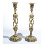 Pair of Kashmiri papier-mâché candlesticks India, 20th Century decorated with foliate and bird