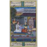 Miniature India,19th Century depicting seated figures under a pavilion with calligraphy to the top