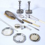 Small quantity of silver and plated wares including two silver tapersticks , small silver dishes,