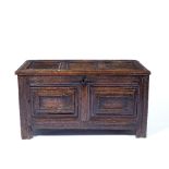 Oak coffer 18th Century, with panelled front and top, 92cm across x 48cm deep x 51cm high