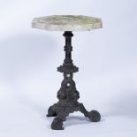 Cast iron tripod table, 19th Century,with hexagonal marble top, 48cm x 71cm
