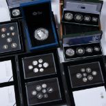 Collection of UK Royal Mint proof coin sets all with related ephemera and boxed, a London 2012