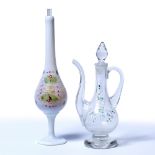 Opaline glass rosewater sprinkler Turkey decorated to the body with flowers, together with a smaller