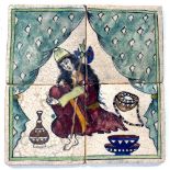 Four Qajar tiles Iran, circa 1900 put together depicting a maiden sitting down with a drum. Each