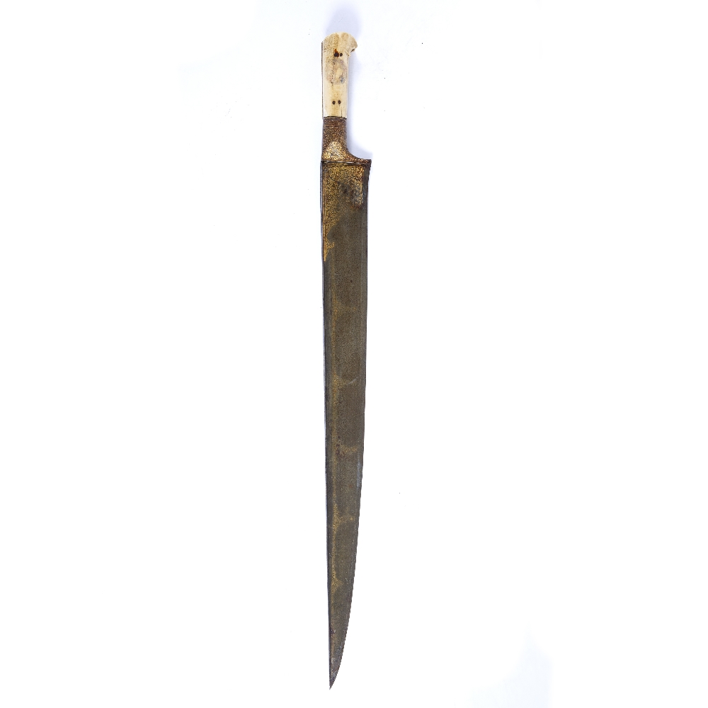 Khyber knife India, 19th Century with a fitted ivory grip, the top of the blade decorated in gold - Image 3 of 4