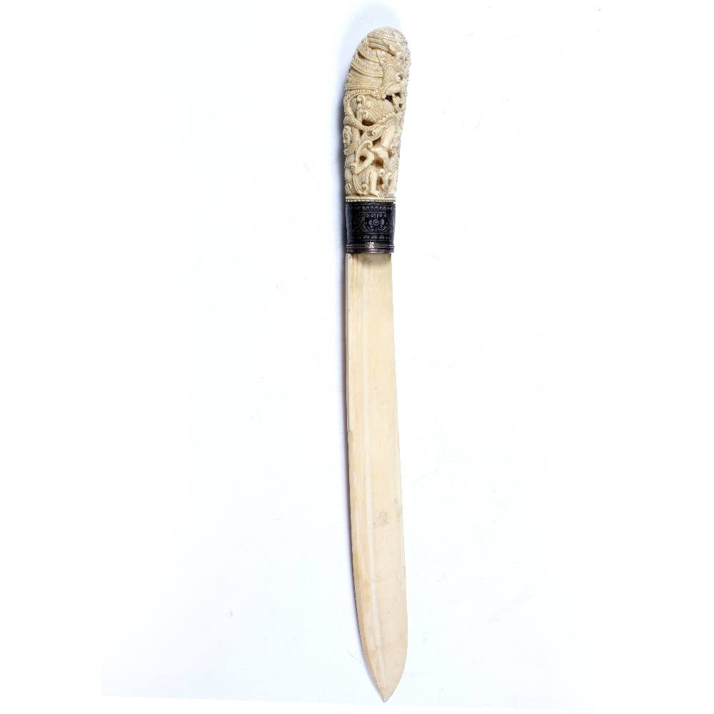 Ivory paper knife Burma, 19th century the handle decorated in open work design depicting figures - Image 2 of 4