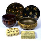 Collection of Kashmiri lacquerwork India, 20th Century to include an open bowl decorated in gold