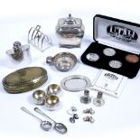 Collection of silver including a tas du vin, a toast rack, a pair of silver Sampson Mordan & Co