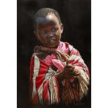 Steve Burgess (Canadian, 1960) Portrait of a Masai child, oil on board, signed lower right , framed,