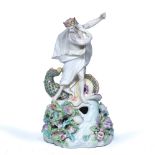 Derby porcelain figure of Neptune standing on a tall pierced base with applied shells and seaweed,