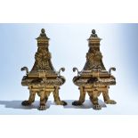 Pair of gilt bronze chenets, French,19th Century, each on paw feet, 38cm high