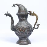 Large lidded Kashmir ewer India, 19th Century copper and brass, with a central circular medallion