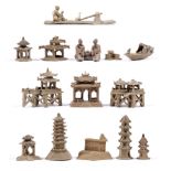 Group of miniature figures and templesChinese, circa 1900/1920, including pagodas, figures and a