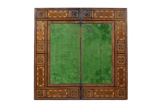 Fold over games table Morocco with inlaid body and interior, the inside revealing similar inlaid - Image 5 of 7