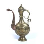 Lidded Ottoman ewer Turkey, 19th Century copper and brass, with engraved foliate pattern on a