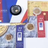 Two bullion gold sovereigns 2000 and 2005, a bullion gold 2000 half sovereign and a 2014 Britannia