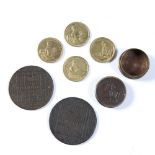 Group of whist tokens Hoyle's, reverse 'Keep Your Temper', in a small brass case and two calendar