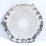 Silver salver or card tray with serpentine edge on three feet, George John Richards, London, 1849,