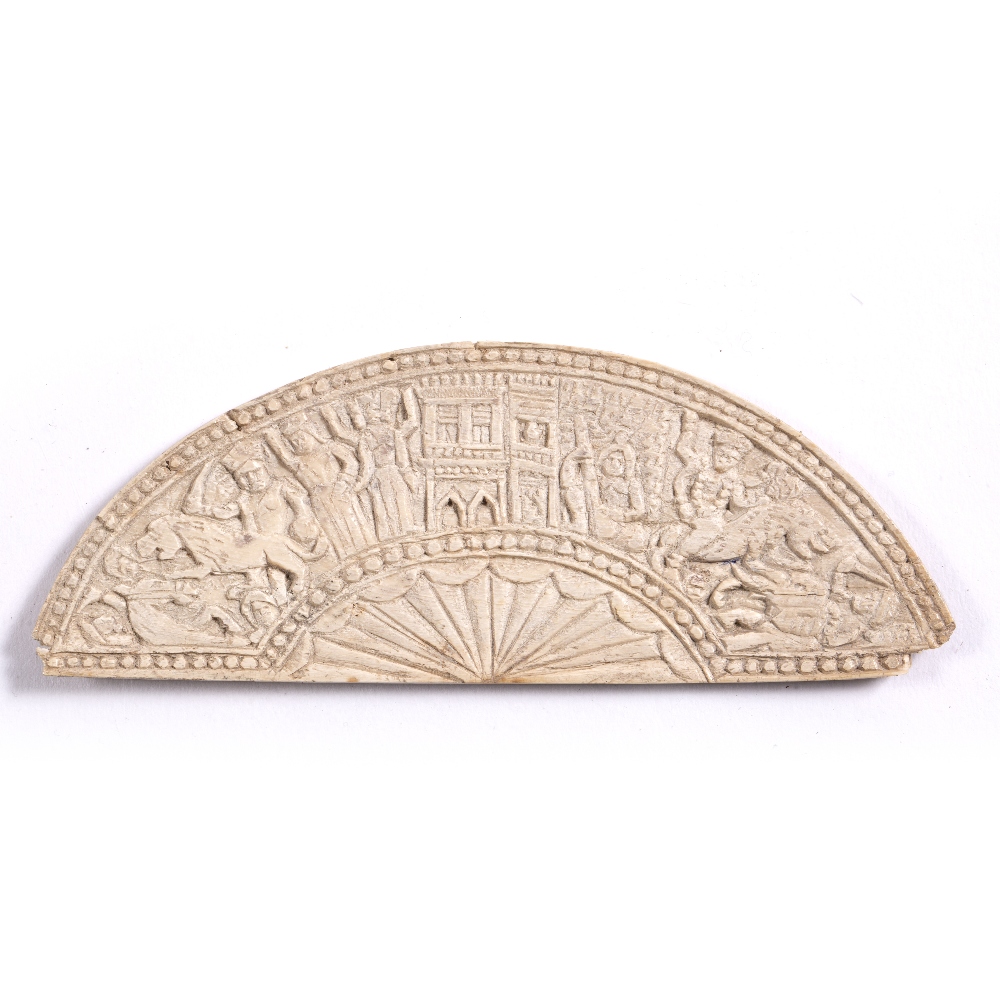 Bone panel Persian, 16th/17th Century of fan shape carved with two arched fronted buildings, various