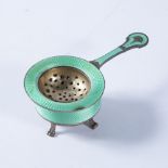 Norwegian silver and Guilloché enamel tea strainer, and stand, stamped 'Norne 925S', possibly by