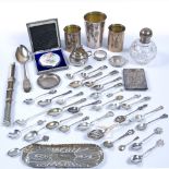 Collection of silver including silver teaspoons, caddy spoons, silver and enamel compact, silver Art