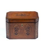Satinwood tea caddy George III, marquetry and parquetry inlay, 18cm wide x 10.5cm deep x 13cm high