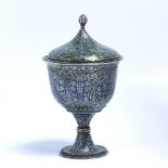 Enamelled metal chalice and cover North India, 18th Century decorated in greens and blues, with