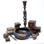 Quantity of Kashmiri lacquerware India, 20th Century to include a large twist work candle stick,