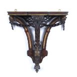 Antique style mahogany clock bracket with gilt painted decoration, 39cm wide x 21cm deep x 41cm