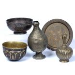 Collection of metalware Islamic to include a fluted vase, a lidded vase, a Cairoware style silver