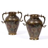 Pair of Kashmiri vases India, circa 1900 decorated in gilt copper and enamel arabesques with