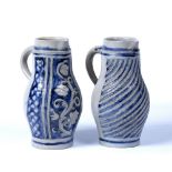 Two Westerwald saltglaze stoneware jugs 18th Century, with distinctive 'scratch blue' decoration,