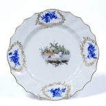 Tournai plate circa 1770, ozier moulded border, painted ducks, border panels in blue monochrome,