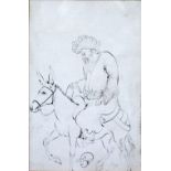 Pair of Qajar pen and ink studies Iran both depicting figures on horse, signed to the base 14cm x