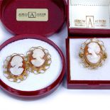 Yellow metal mounted cameo part jewellery set consisting of a pair of earrings and a ring, marked