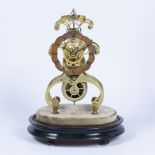 19th century brass skeleton clock, with single fusee movement on plinth with glass dome, by T & J