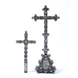 Two Jerusalem crosses 18th Century engraved with mother-of-pearl depicting Christ and the Virgin