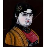 Reverse glass painting Iran depicting a Qajar lady, together with a watercolour picture of a lady (