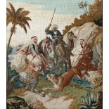 Woolwork study, 19th Century, depicting an Arab hunting scene,80cm x 65cm.