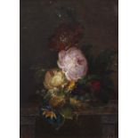 Continental school in the Dutch 17th Century style birds nest and still life of flowers, oil on