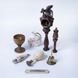 Collection of miscellaneous items including a Victorian carved treen nutcracker, carved treen