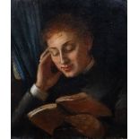 19th Century English school study of girl reading a book, oil on canvas, 36cm x 30cm