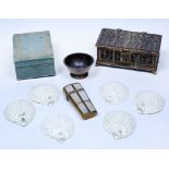 Etui case mother of pearl and brass, a small casket, 14cm, six Royal Worcester shell dishes and