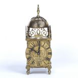Brass lantern timepiece 17th Century style, Roman chapter ring and French movement, 25.5cm high