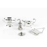 A COLLECTION OF SILVER, comprising a pierce decorated pedestal bowl, weighted base, Birmingham 1931,