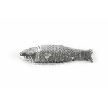 A LATE VICTORIAN SILVER NOVELTY WHISTLE AND VESTA CASE in the form of a fish, with hinged head,